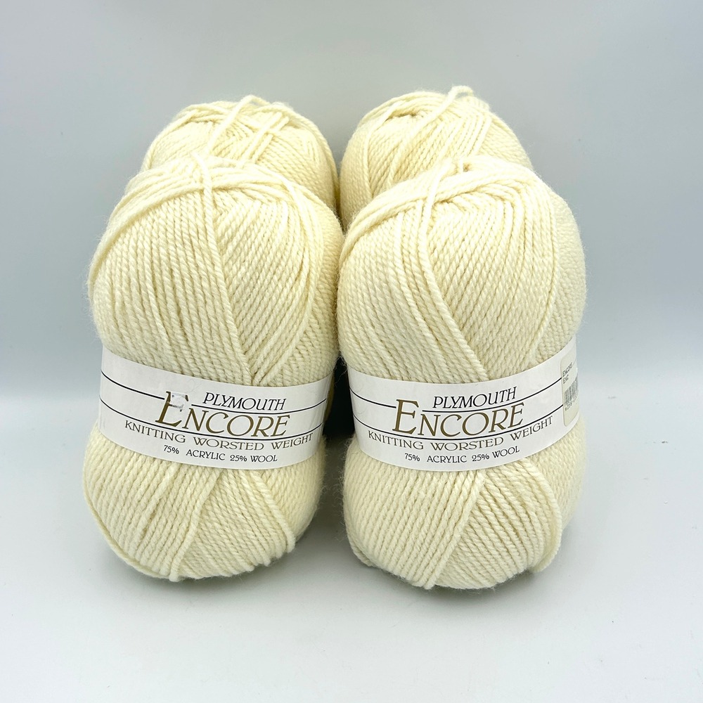Plymouth Encore Worsted Weight Yarn 4 Skeins Cream 256 Acrylic Wool Blend 800yd